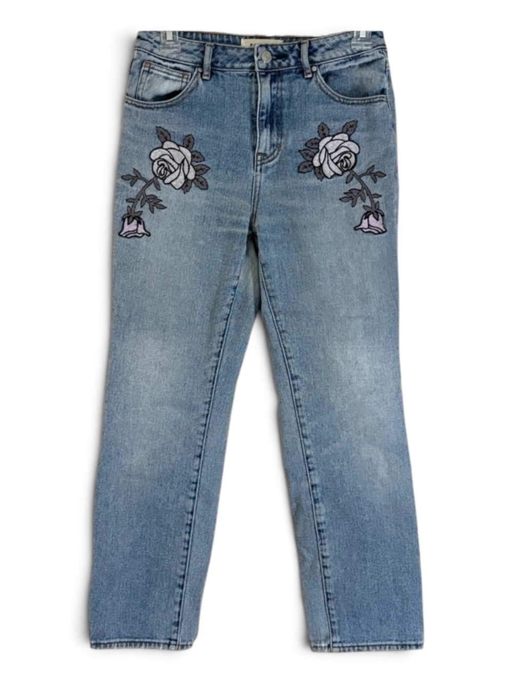 PacSun Light Blue High Rise Straight Leg Mom Jeans with Floral Embroidery